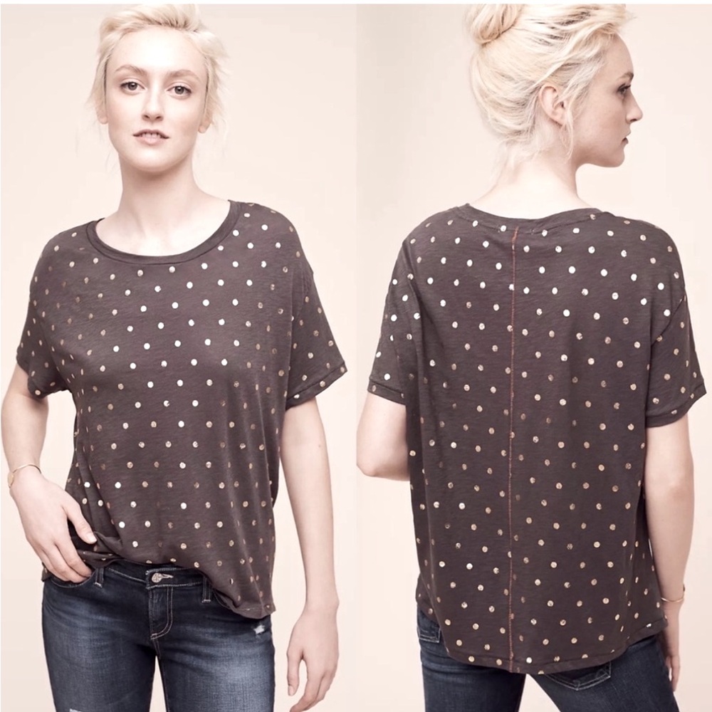 Anthropologie Sundry Grey Gold Foil Polka Dot Crewneck T-shirt - size 2 Medium